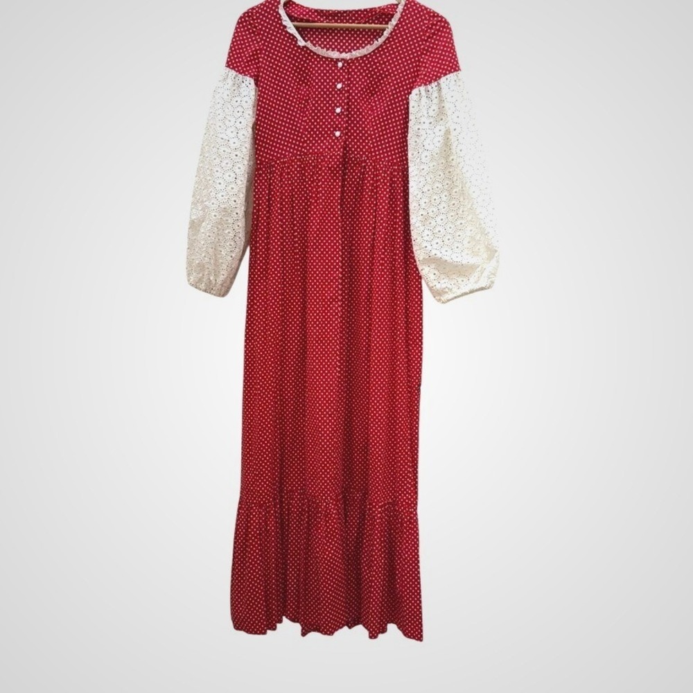 VTG Handmade 70s Red Polka Dot Maxi Dress Sm Lace Eyelet Balloon Sleeve Cottage